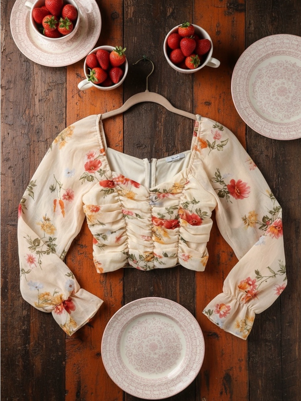 Biashe Ruched Floral Puff-Sleeve Crop Top in Cream with Coral Blooms